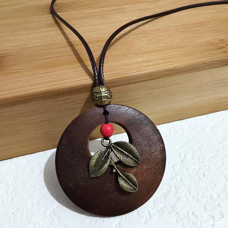 Retro Leather Rope Necklace with Wooden Alloy Pendant for Cotton and Linen Sweaters