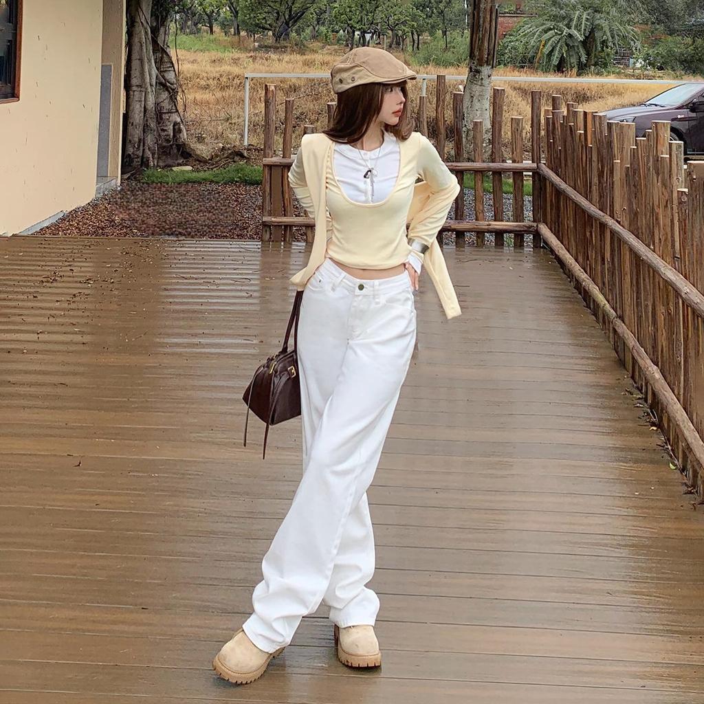 Women's Autumn 2025 White Retro Low-Waist Loose Straight-Leg Floor-Length Jeans