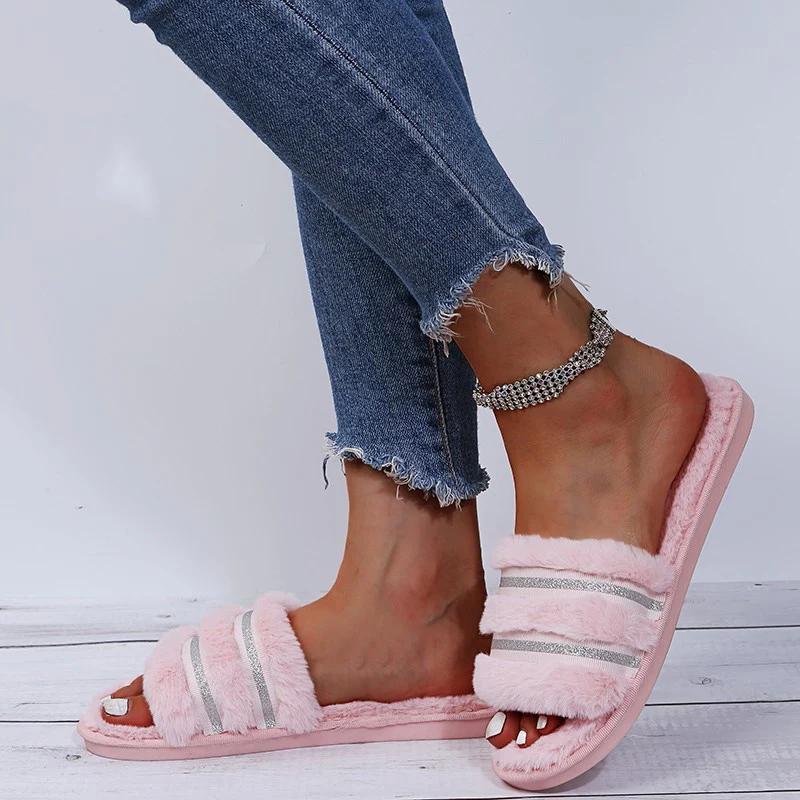

Fashion Stylish Sequins Decor Slippers for Women House Furry Flat Slippers Woman Indoor Non Slip Wear-Resistant Sandals Female 40-41 розовый