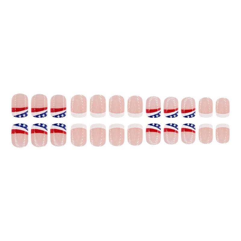 4th of July Glues on Nail Short Square Fake Nail Independence Day French Tip Press on Nail Artificial Acrylic Nail