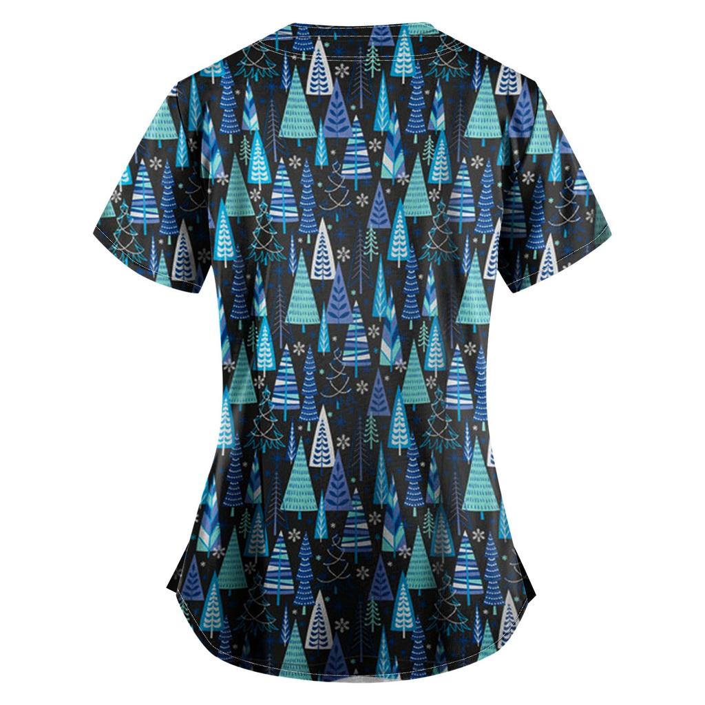 Women Short Sleeve V Neck Christmas Cartoon Pattern Tops Pocket Working T-shirts Non-positioning Print