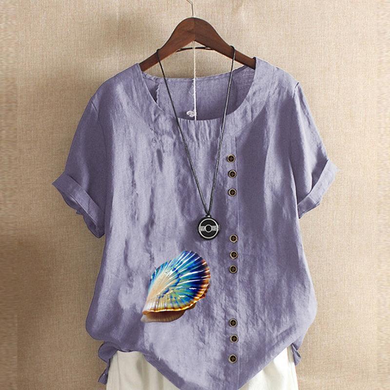 Women's Fashion Round Neck Short Sleeve T-shirt Casual Cotton Linen Graphic Shirt Shell Prined Summer Blouse Tops Plus Size