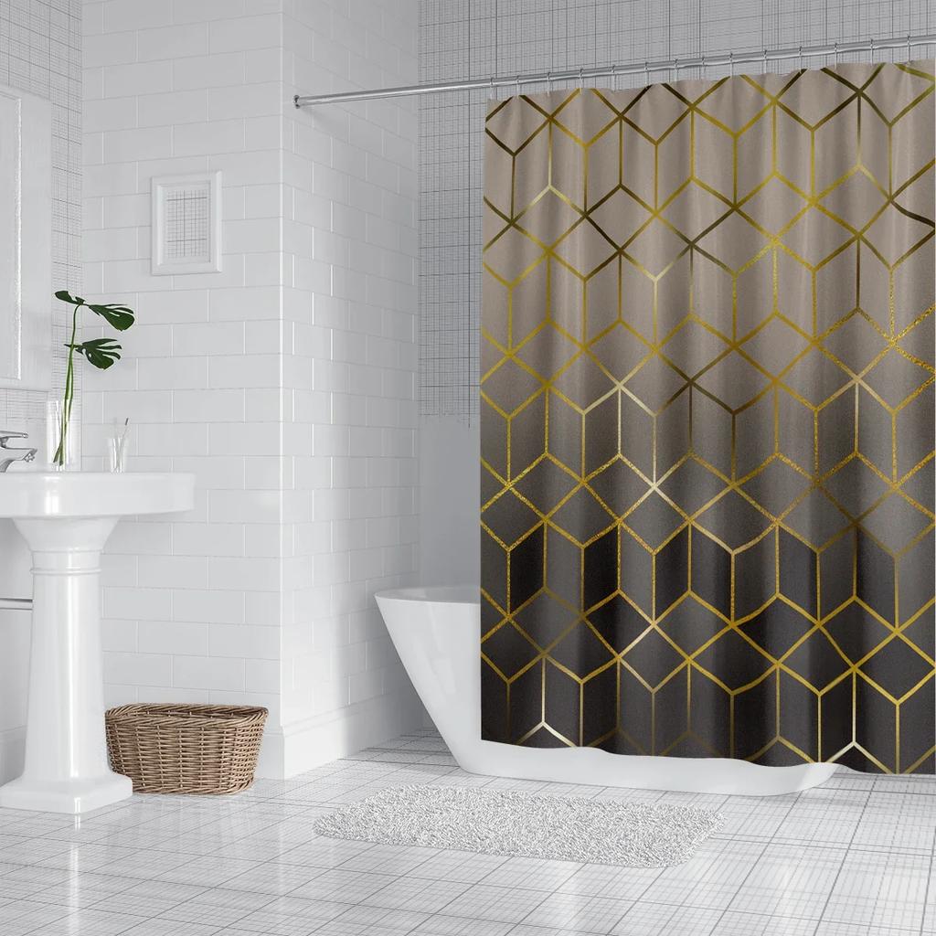 Brown Gradient Plaid Pattern Printed Shower Curtain, Waterproof, Washable, With 12 Hooks, Bathroom Shower, Bathtub, Home Use