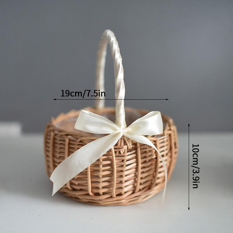 Wicker Flower Basket Picnic Baskets Pearl Handle And Bow Basket Handwoven Rattan Basket Flower Plant Baskets Wedding Party Decor