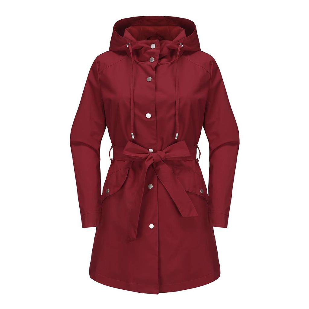 Women’s Hooded Windcheaters Polyester Waterproof Trench Coat Thin Loose Belt Button Up Windbreaker Spring Autumn Outdoor Wear Long Jackets