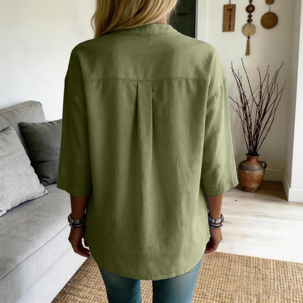 Women Casual Vintage Style Solid Color Button Down Shirt 3/4 Sleeve Loose Fit Blouse Lightweight Comfortable Fabric