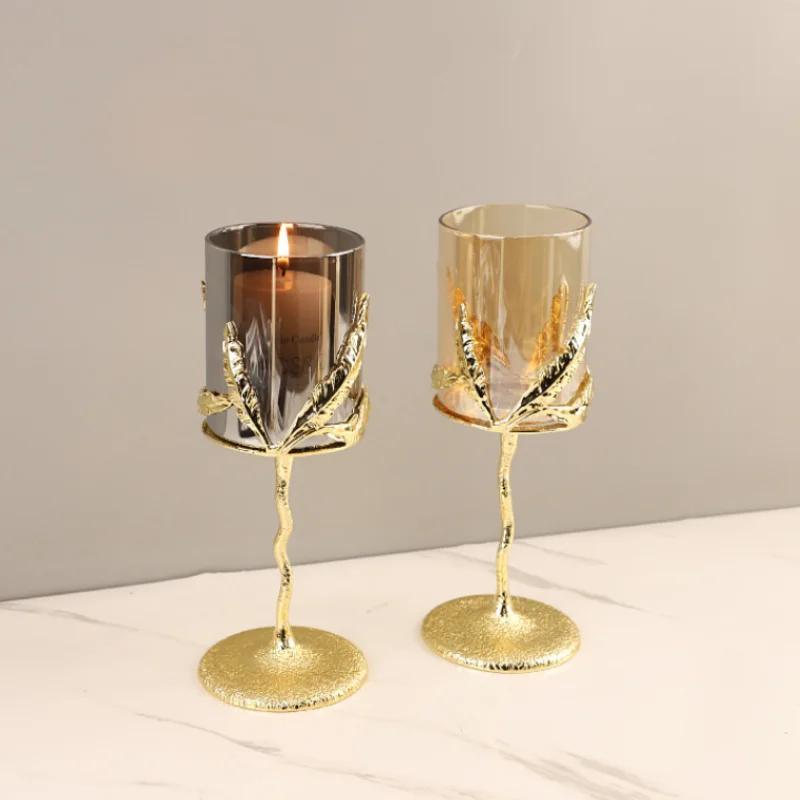 Metal Candle Holder Candelabrum Candlestick Clear Glass Golden Leaf Gold Candle Holders Candelabros Wedding Decoration