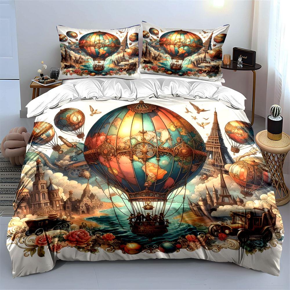 Vintage Hot Air Balloon Decor Multiple Sizes Kid'S And Adults' Bedroom Exquisite 3Pc Bedding Set, Gift