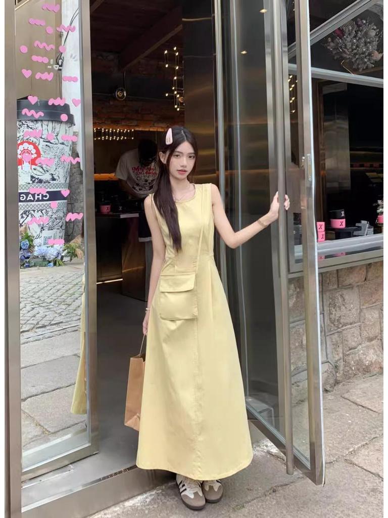 Gelbes Sommer 2025 Damen Ärmelloses Schlankheitsweste Langes Kleid - Schlicht, Lässig und Elegant.