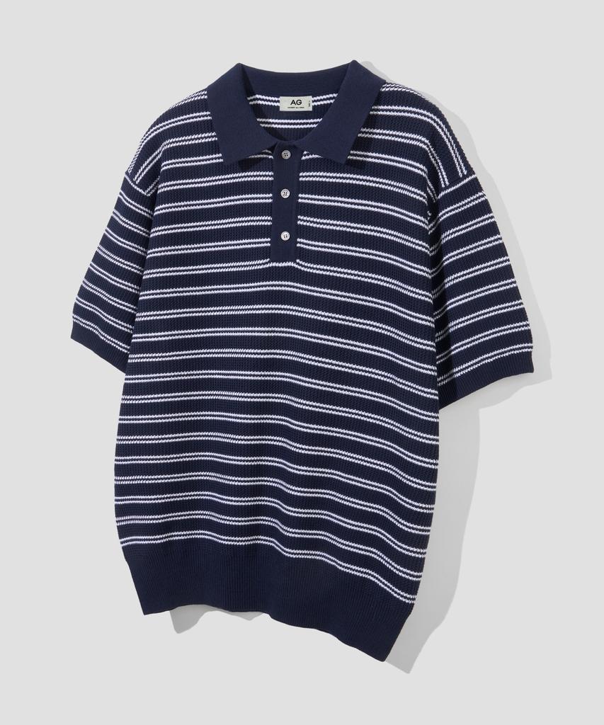 AGOD Collar Button Stripe Half Knit [Navy]