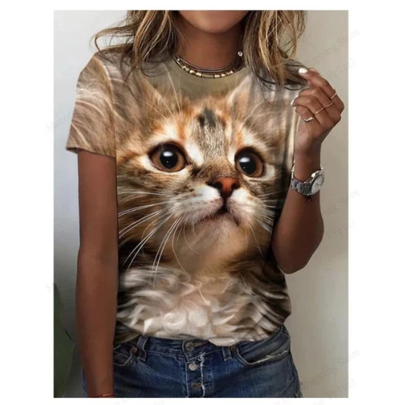 Summer Round Neck 3D Cat Print Top Fashionable Casual Short Sleeved Women's T-shirts