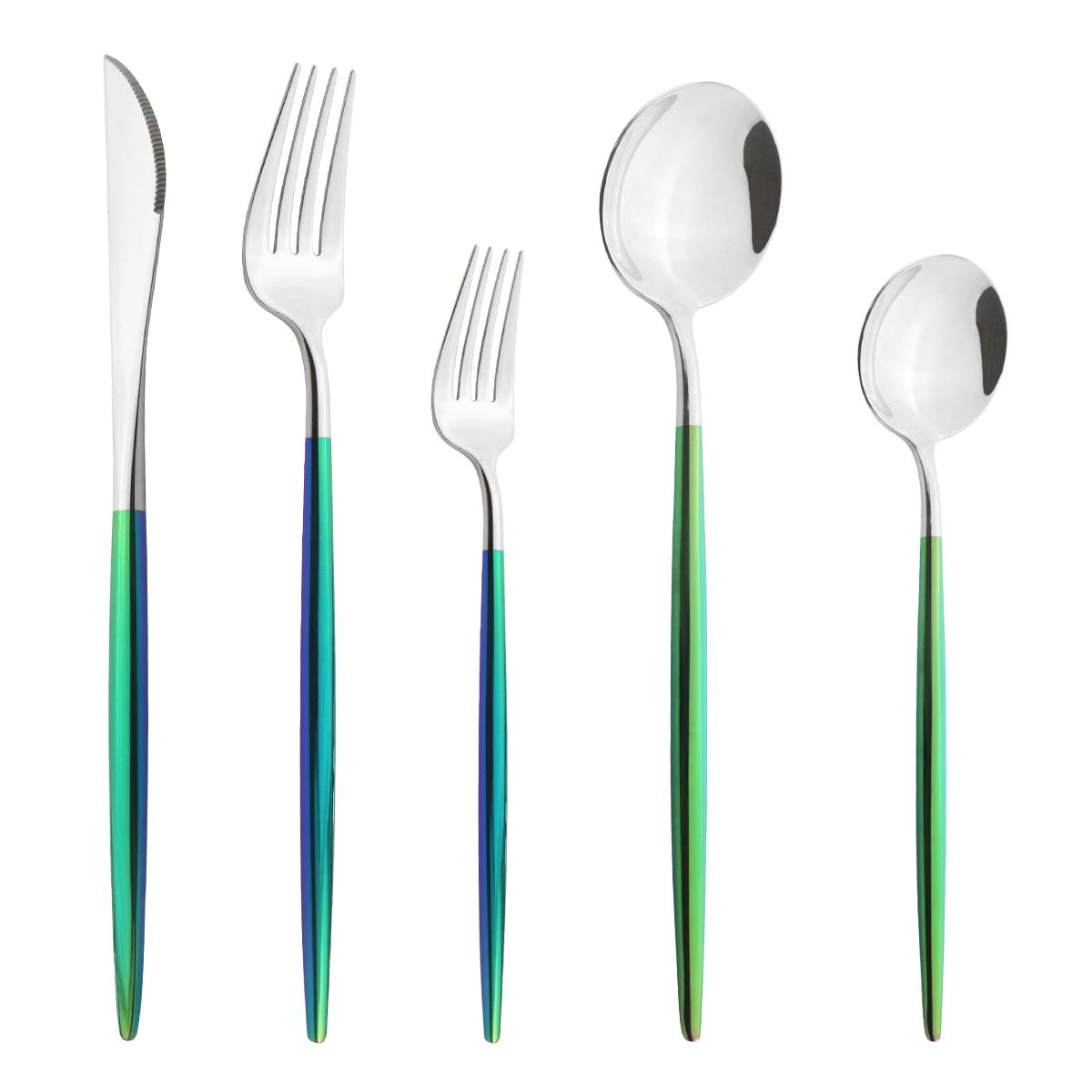 

5 шт. красочный набор столовых приборов из нержавеющей стали 304, набор столовой посуды, кухонный нож, десертная вилка, ложка, столовые приборы, набор столовых приборов разноцветный/серебряный