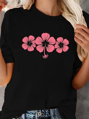 Hibiscus Flower Print T-shirt Short Sleeve Crew Neck Leisure for Spring Harajuku Sleeve Casual Clothing Street Aesthetic Clothes