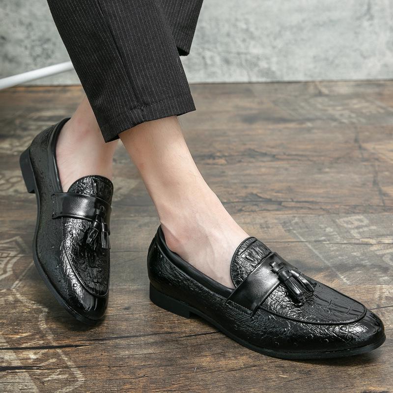 Men's Casual Leather Tassel Loafers, Size 48 - British Style Crocodile Pattern Slip-ons for Autumn