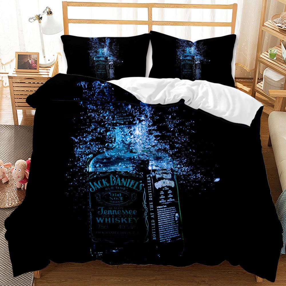 Wine Bottle Pattern Three-Piece Set 3D Digital Printing Abrasive Quilt Cover Bedding Kit 135 * 200 (two-piece set) 90g