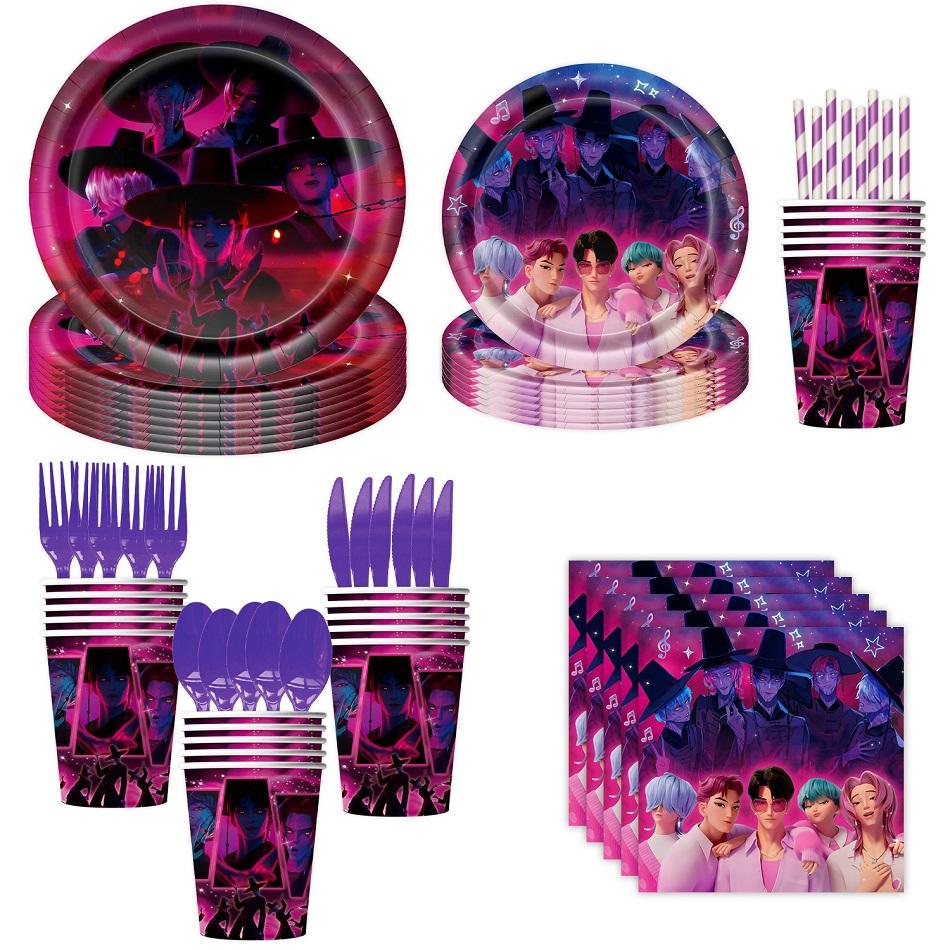 Kpop Dämonenjäger Saja Boys Themenballon Einweggeschirr Tischdecke Teller Tassen Set Geburtstagsfeier Zubehör Dekoration