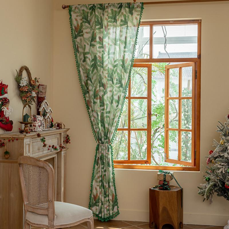 Nordic Green Plant Printed Fabric Curtains Semi Blackout Window Drapes No Drill For Balcony Bedroom Bay Window  Curtains