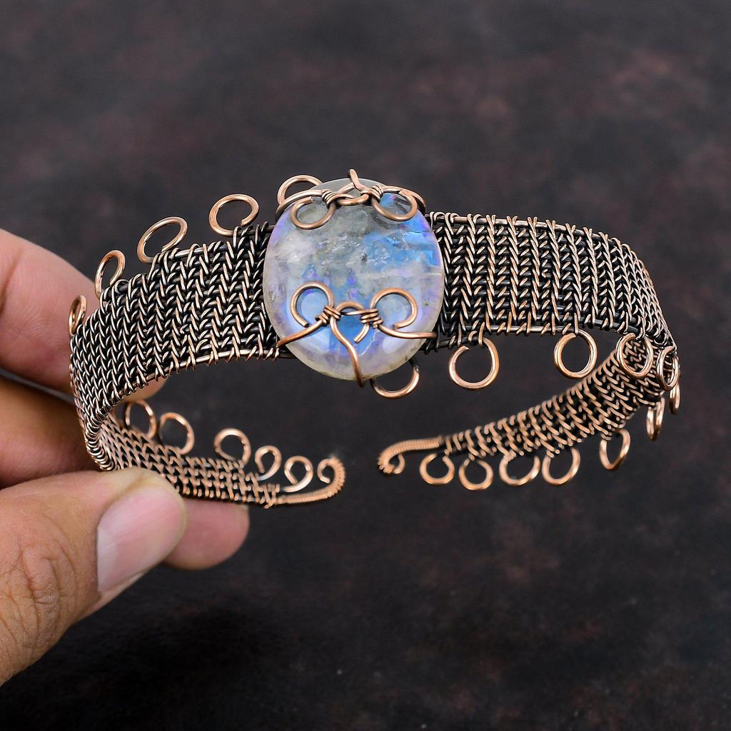 Rainbow Mystic Opal Cuff Bracelet Copper Wire Wrapped Bangle Handmade Adjustable Cuff Bracelet Copper Jewelry Gemstone Bangle Gift For Women