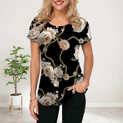 Damen T-Shirt mit Blumenmuster, kurzärmelig, für den Sommer, lässig, bedruckt