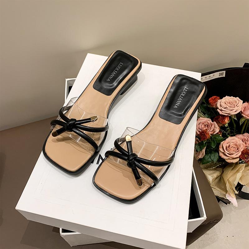 Transparent sexy outer slippers 2025 summer new bow fairy style thick heel square head open toe sandals