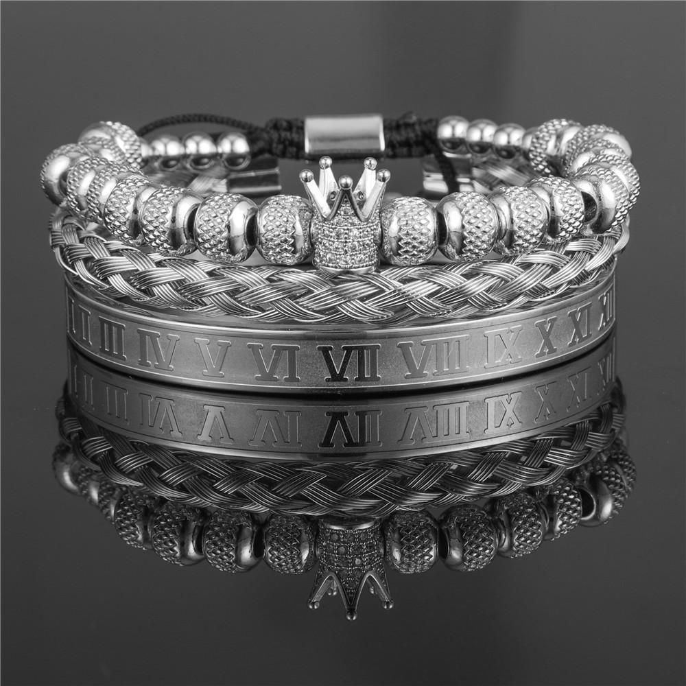 European and American retro crown woven bracelet, Roman letter stainless steel mesh open bracelet set three pieces men