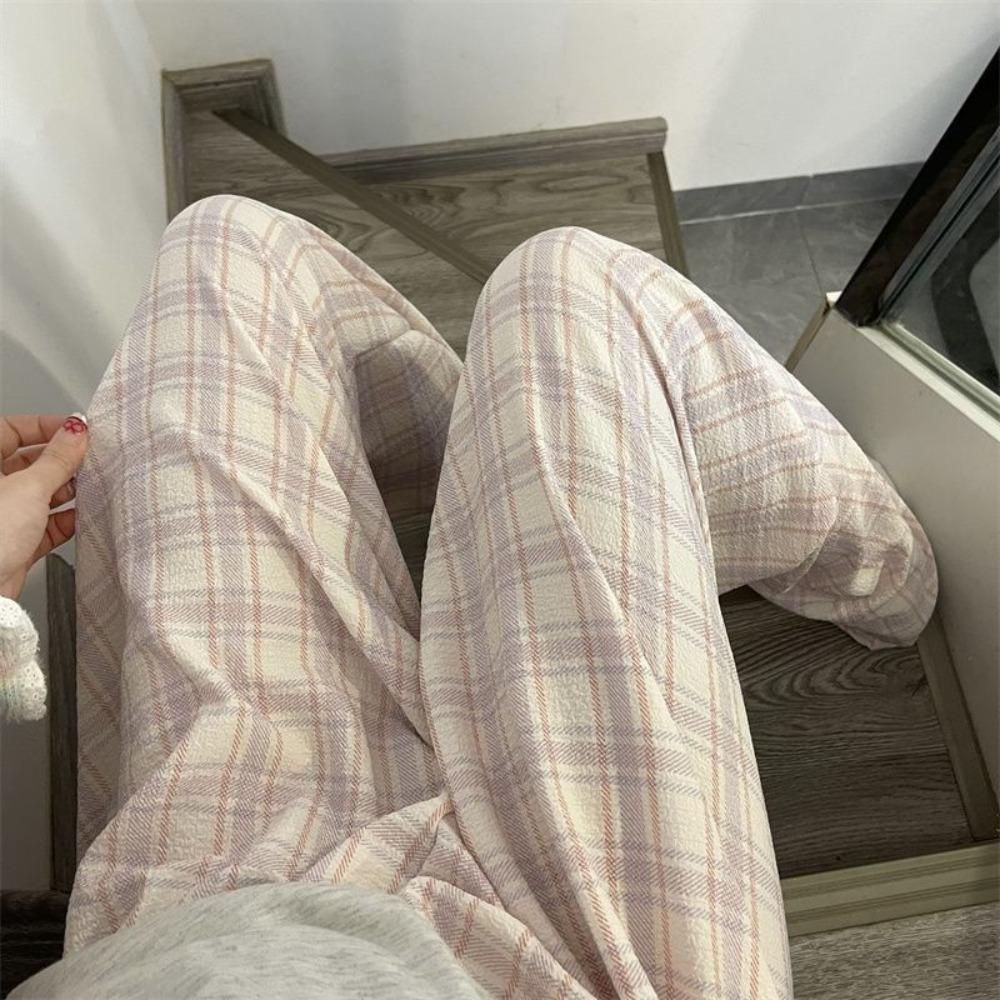 Wide Leg Casual Pants Women Stripe Plaid Baggy Home Pajama Fashion Girls’ Sleepwear Spring Autumn