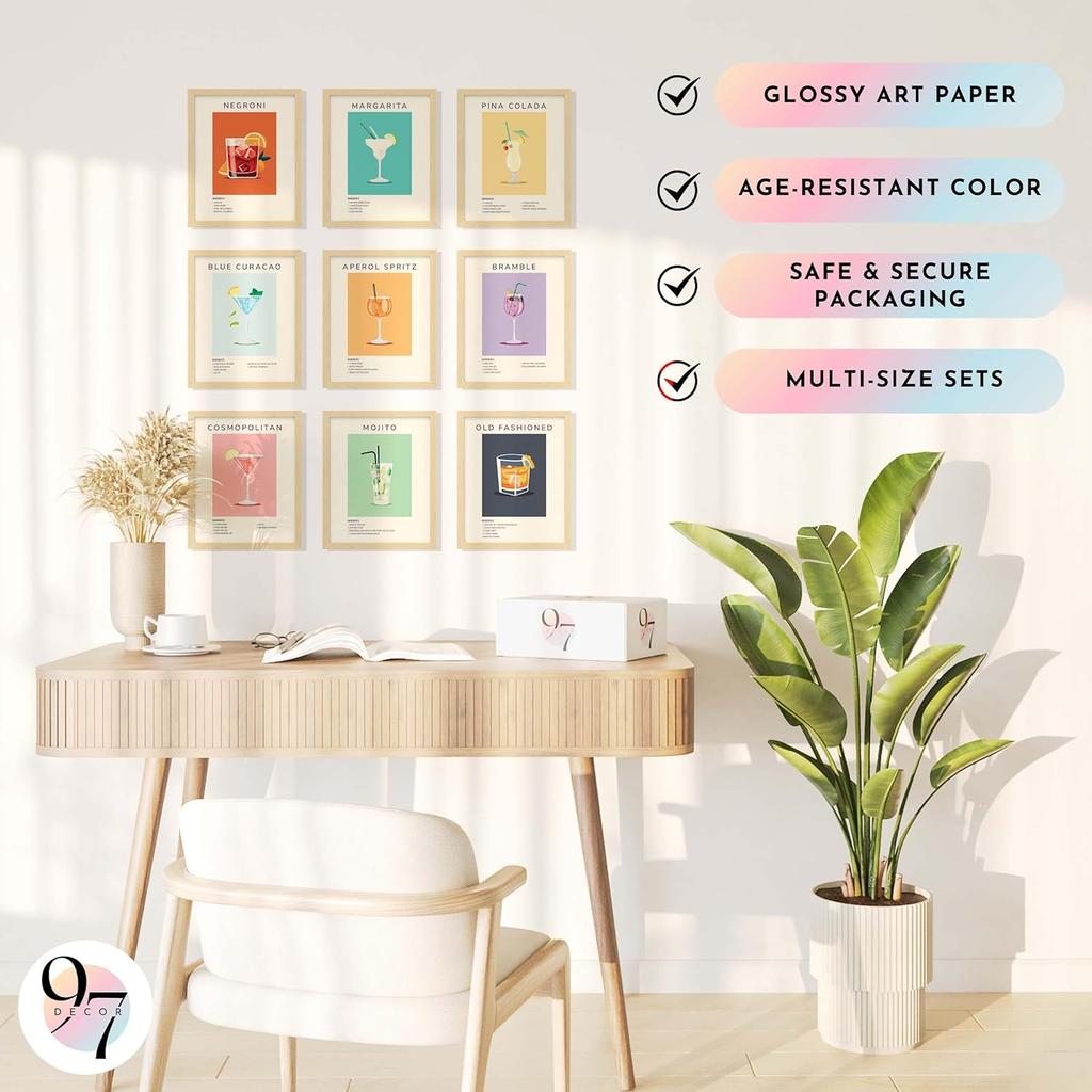 97 Decor Vintage Cocktail Poster - Bar Cart Accessories and Decor, Retro Cocktail Wall Art, Funky Drink Aesthetic Pictures, Colorful Preppy Bar Art