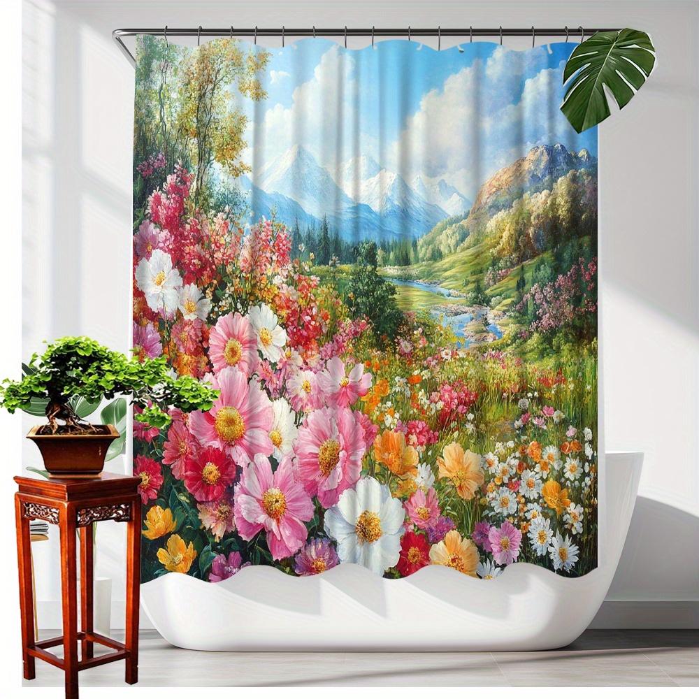 Scenic Mountain Landscape with Blooming Flowers Waterproof Shower Curtain for Modern Bathroom Decor, Perfect for Home Use