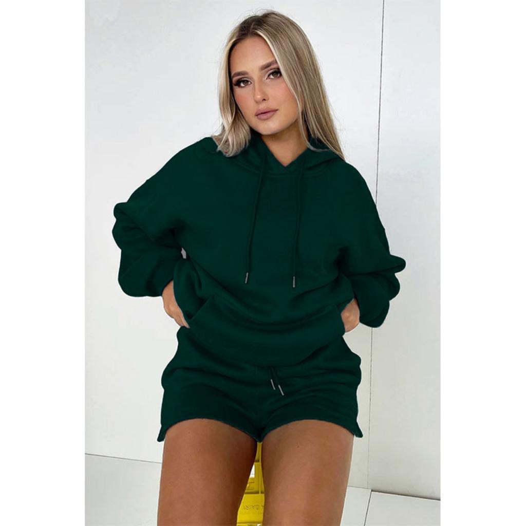 Autumn and Winter New Product Solid Color Thickened Velvet, Hooded Long Sleeve Hoodie, Women's Fashion Casual Shorts Set