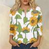 Women's Vintage Floral Print Henley Collar Button Front Three Quarter Sleeve Cotton Linen Shirt Casual Loose Fit Blouse