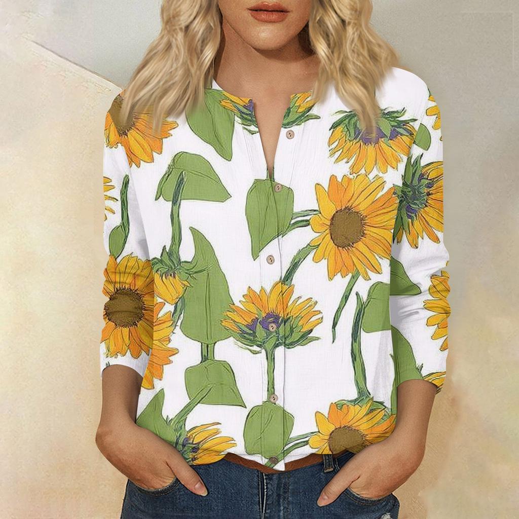 Women's Vintage Floral Print Henley Collar Button Front Three Quarter Sleeve Cotton Linen Shirt Casual Loose Fit Blouse