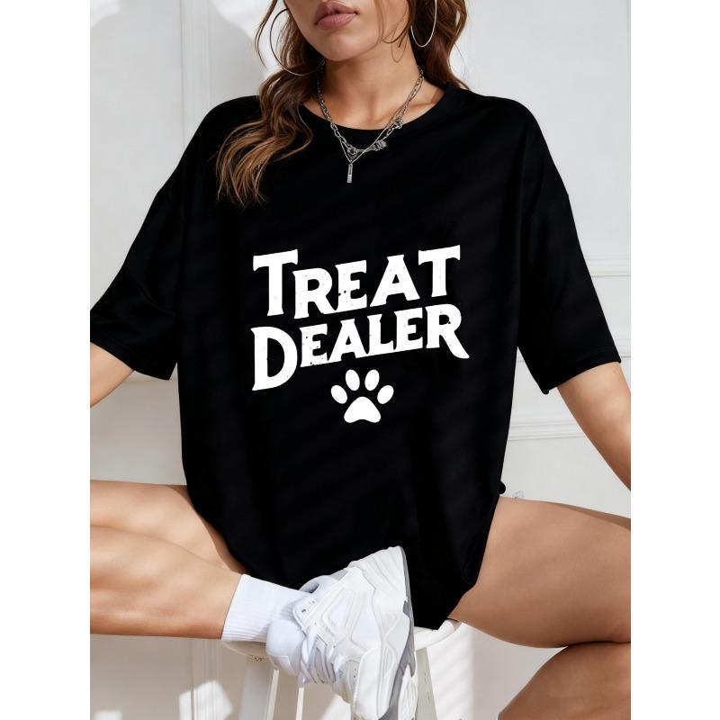 White Oversized T Shirt Treat Dealer Paw Print Graphic Tee For Casual Wear And Pet Lover Style