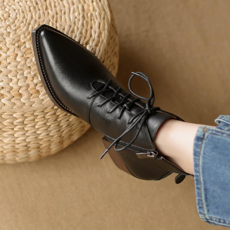 Women Boots Genuine Leather Women's Ankle Boots Zipper Lace Up Pointed Toe Block Heel Western Boots Autumn Winter Womens Shoes