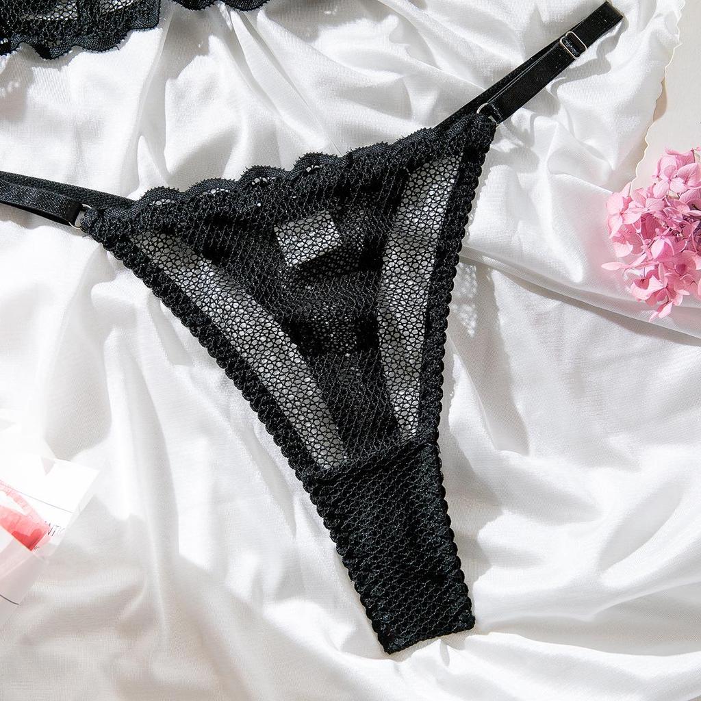 Set European & American Sexy Fishbone Mesh Crop Top & Chilot Tangă cu Dantelă – Confortabil, Elastic, Modelator Transparent