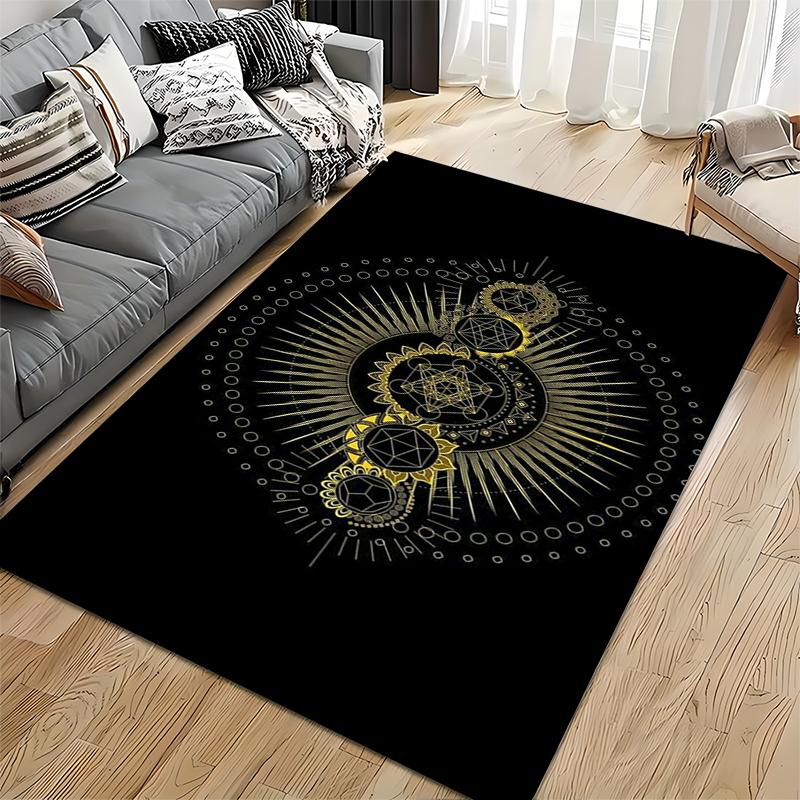 Area Rug, Sacred Geometry Gold Merkaba Chakra Lotus Black Print, Meditation Room Decor, Non-Slip Mat