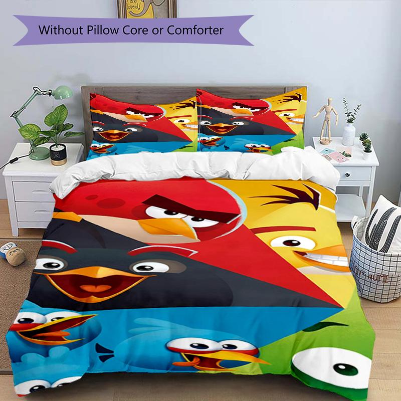 3pcs Duvet Cover Set (1*Duvet Cover + 2*Pillowcase, Without Core), Angry Birds Print Bedding Set, Bedroom Decor, All‑Season, Birthday Gift