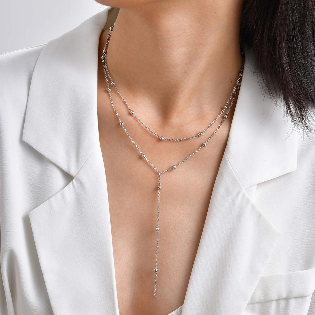Double Layer Y-shaped Long Chain Drop Pendant Necklace, Gold Plated Stainless Steel Beaded Chain Choker Fashion Jewelry Gifts