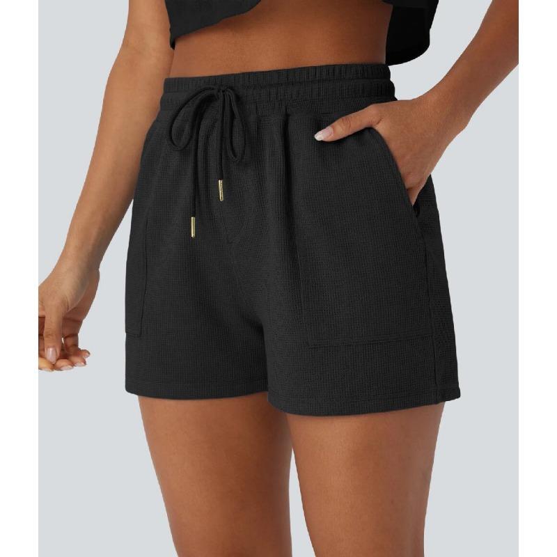 Women S Summer Elastic Waist Pocket Solid Color Casual Shorts S чёрный