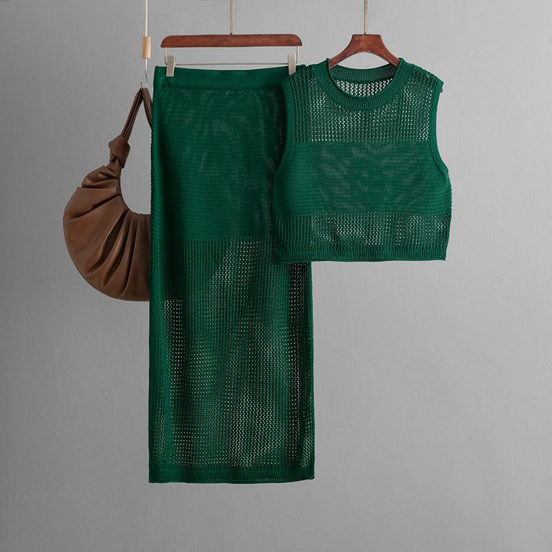 Tailored Hollow Sleeveless Vest Set For Summer Knitted Slit Skirt Two-piece Set