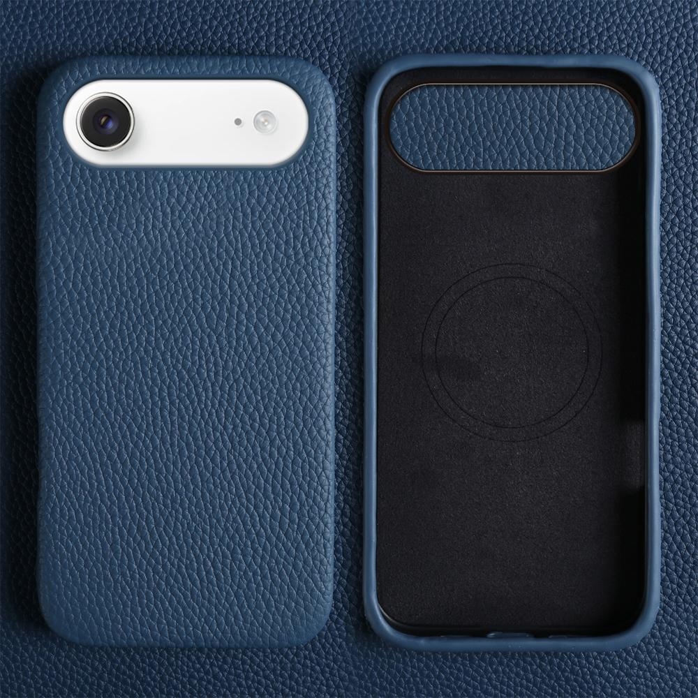For iPhone Air Case Compatible with MagSafe Litchi Texture Genuine Cow Leather + PC Phone Cover