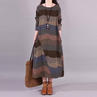2025 Spring & Fall Literary Style Plus Size Women's Cotton Linen Dress - Round Neck, Long Sleeve, Casual, Slimming.