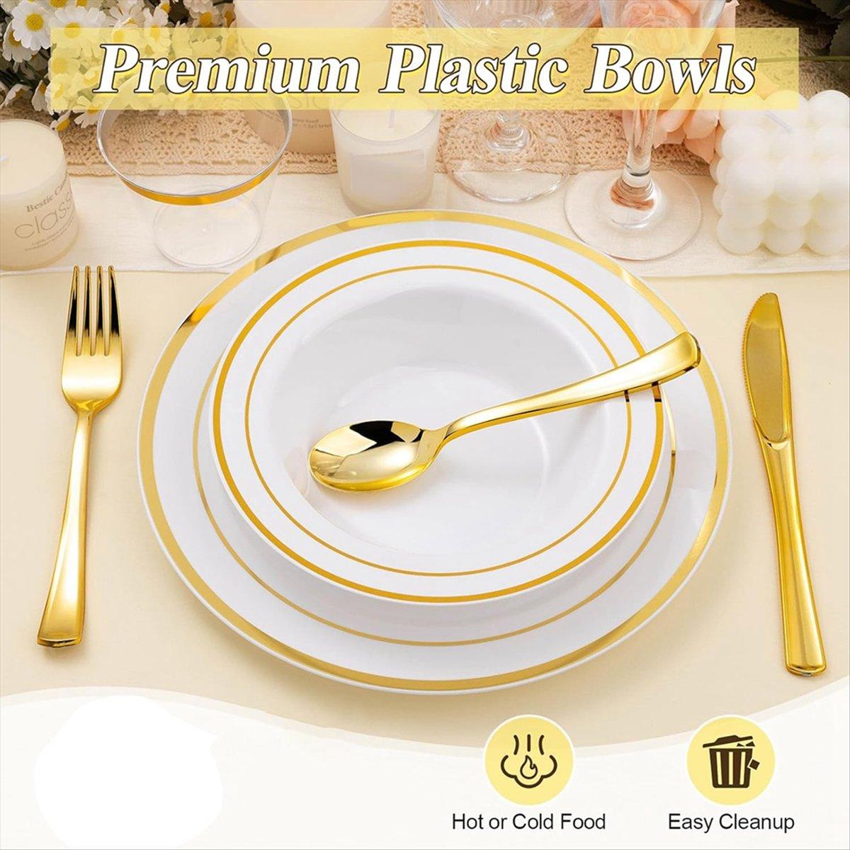 

BHBL 30 Pack Plastic Disposable Bowls, 12oz Salad Bowls with Gold Rim for Dessert, Cereal Bowls for Party, Wedding, Catering China Mainland