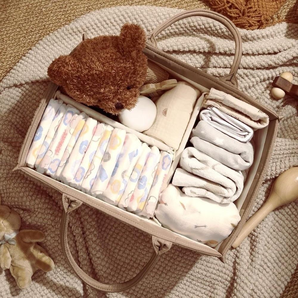 Floral Beige Foldable Mommy Bag Multi-Pocket Nursery Storage Basket Newborn Essentials