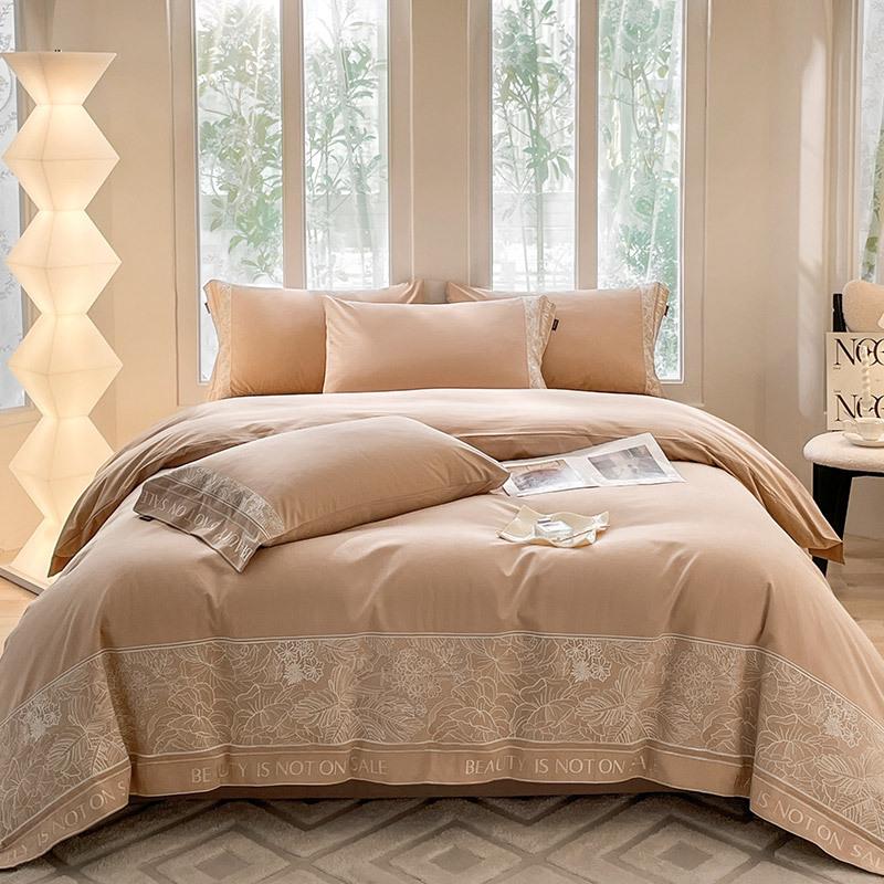 Mercury Pure Cotton Embroidered 4-Piece Set: Brushed Thick Warm Long-Staple Cotton Solid Color Fitted Sheet
