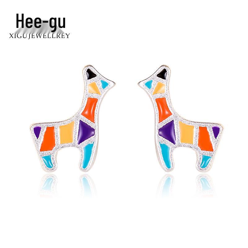 Higu S925 Silver Frosted Colorful Giraffe Stud Earrings - Cute Christmas Gift