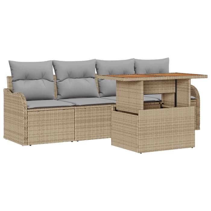 Set de canapé de jardin de 5 pièces avec coussins beige poly rotin, Canapé de jardin de 2 places avec rangement et coussins 3358128