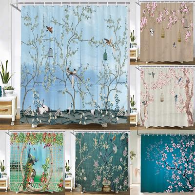 Chinese Style Flower Bird Shower Curtains Waterproof Bathroom   Curtain 3D Printed Fabric With Hooks Decoration Shower Curtain