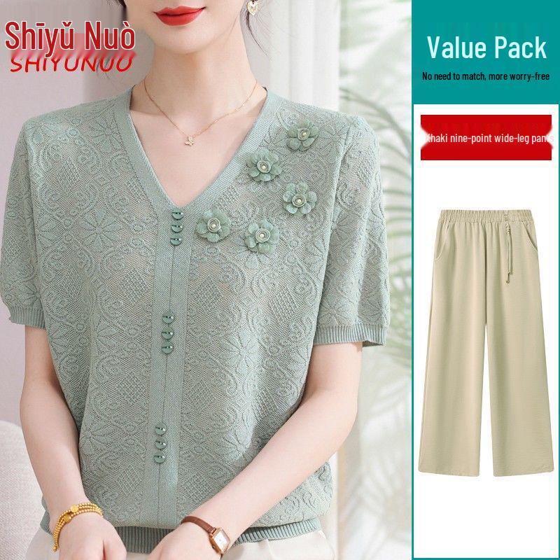 Summer 2026 Ice Silk Blouse: Fashionable Short-Sleeve for Middle-Aged and Elderly Women