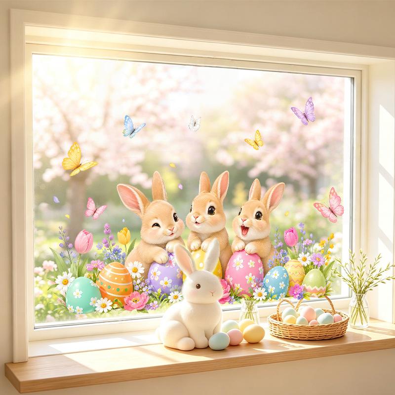 Easter Bunny Butterfly Egg Flower Window Sticker Static Self Adhesive Glass Door Showcase Spring Home Decor