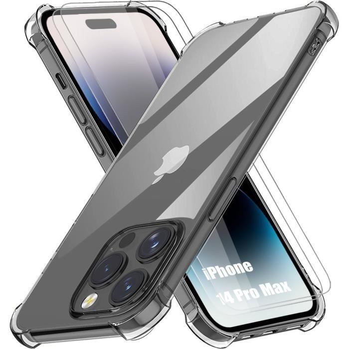 Coque pour iPhone 14 Pro Max - Silicone - Antichoc - Transparent - 2 Verres Trempés Inclus